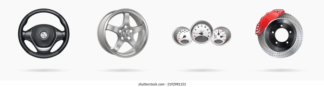 Vector illustration, car parts icons set, realistic 3d