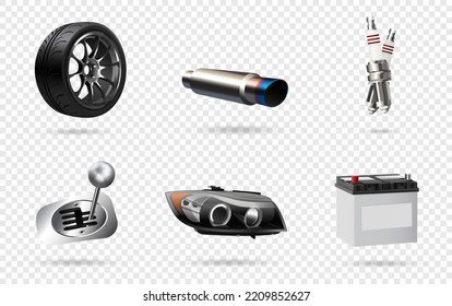 Vector illustration, car parts icons set, realistic 3d	
