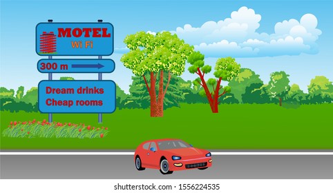 Vector illustration with a car passing a billboard with information about a motel. And a beautiful view of countryside.