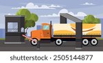 Vector illustration of a car passing a checkpoint. Cartoon scene of a truck standing in front of a barrier, a building for the controller, trees, houses, the sky with clouds.Border crossing control.