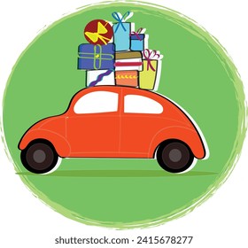 Eine Vektorgrafik eines Autos mit Geschenken auf seinem Dach.