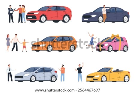 Vector illustration of car purchase and rental concept with cars, price tags, keys, and contract documents on a clean background. Ideal for automotive and business themes. Vector illustration