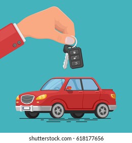 Vector illustration of a car rental or sale. Hand holding car keys. Test drive. Automobile rental business. Selling, leasing car service.