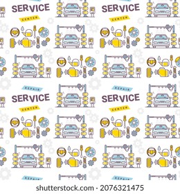 Vector illustration of car repair and maintenance on white background. Line art style design of car wash service seamless pattern for web, site, banner, print