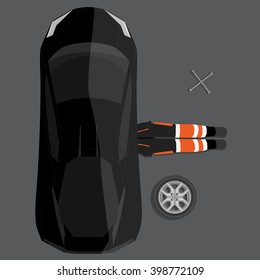 Vector illustration car repair service concept. Car mechanic lying down under auto underbody doing repair work top view. 