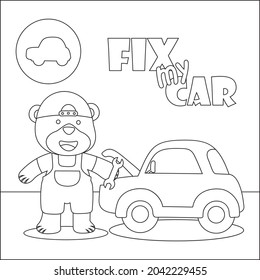 Vector Illustration Of Car Repair Shop Cartoon With Funny Mechanic. Cartoon Isolated Vector Illustration, Creative Vector Childish Design For Kids Activity Colouring Book Or Page.