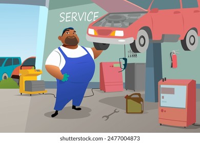 A vector illustration of Car Repairman Mechanic Doing Service 