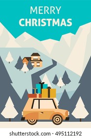 Vector illustration car riding with the family present. Designed to be printed on greeting cards, invitations, magazines. The car, the road, gifts. Flat design