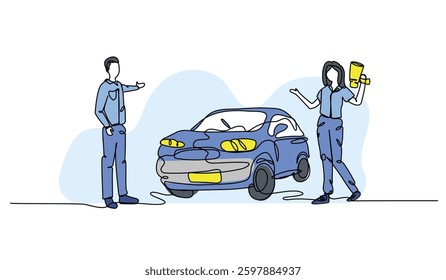 Vector illustration of car sales interaction. Modern flat in continuous line style.