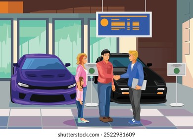 Uma ilustração vetorial do vendedor de carros conversando com os clientes 