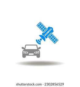 Vector illustration of car and satellite. Icon of GPS car navigator. Symbol of GIS. Sign of navigation system.