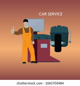 Vector illustration of a car service for balancing car wheels. The worker stands on the background of tire fitting equipment.