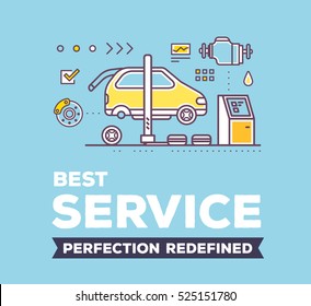 Vector Illustration Of Car Service Workshop On Blue Background With Header, Line Auto Parts. Car Service, Maintenance Concept. Flat Thin Line Art Style Design For Car Repair, Diagnostics, Inspection