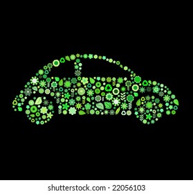 Vector illustration of car shape made up a lot of  green small flowers and leaf on the black background