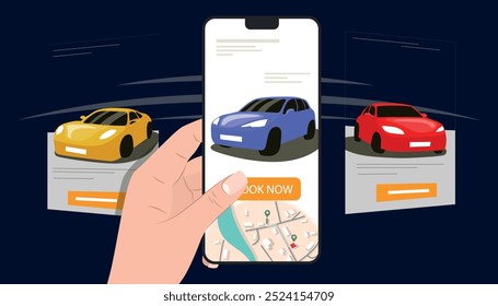 Vector illustration of car sharing. Cartoon scene of colored passenger cars, hand holding smartphone, book now button, city map isolated on white background. Rent a car for a while for city trips.