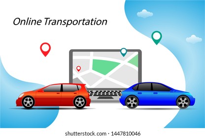 Vector Illustration of car sharing service or online transportation concept. People use smartphone to order online transportation car based on GPS. Modern Flat style design illustration 