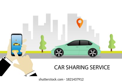 Ilustración vectorial del servicio de uso compartido de automóviles o concepto de transporte en línea. La gente usa smartphone para pedir un coche de transporte en línea basado en GPS. Ilustración moderna de diseño de estilo plano 