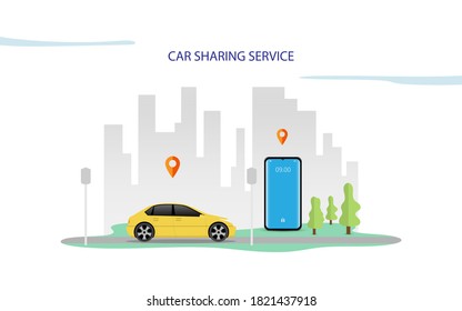 Vector Illustration of car sharing service or online transportation concept. People use smartphone to order online transportation car based on GPS. Modern Flat style design illustration 