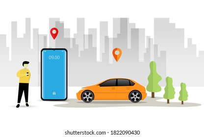 Vector Illustration of car sharing service or online transportation concept. People use smartphone to order online transportation car based on GPS. Modern Flat style design illustration 