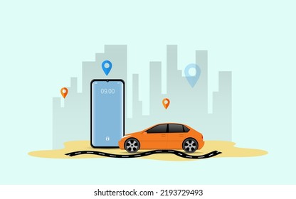 Vektorgrafik von Auto Sharing Service oder Online Transport Konzept. Die Leute benutzen Smartphone, um einen Online-Transportwagen auf Basis von GPS zu bestellen. Moderne Design-Illustration im Flachstil 