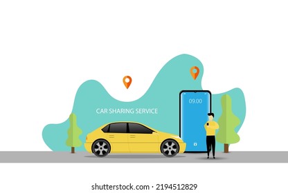 Vector Illustration of car sharing service or online transportation concept. People use smartphone to order online transportation car based on GPS. Modern Flat style design illustration 