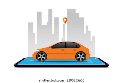Vector Illustration of car sharing service or online transportation concept. People use smartphone to order online transportation car based on GPS. Modern Flat style design illustration 