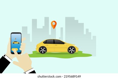 Vector Illustration of car sharing service or online transportation concept. People use smartphone to order online transportation car based on GPS. Modern Flat style design illustration 