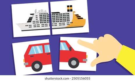 Vector illustration of a car, ship, ship, ferry and hand pointing