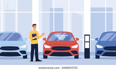 Vector illustration of car showroom. Cartoon scene of smiling male car dealer with paper tablet presenting and selling various new blue and red cars in car dealerships. Professional car salesman.