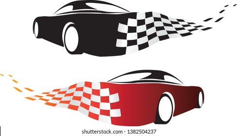 Vector illustration of a car sliding or drifting on a white background with checkered flag