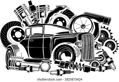 Vector illustration of Car Spares Frame and parts black silhouette