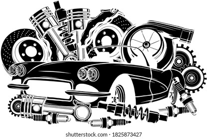 Vektorgrafik von Autos Ersatzrahmen und Teilen schwarze Silhouette