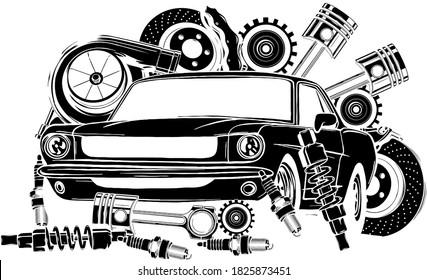 Vector illustration of Car Spares Frame and parts black silhouette