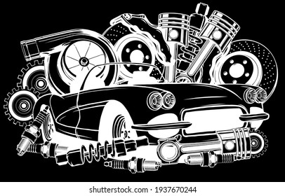 Vector illustration of Car Spares Frame and parts silhouette in black background