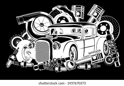 Vector illustration of Car Spares Frame and parts silhouette in black background