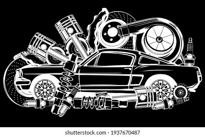 Ilustración vectorial del marco de repuestos de automóviles y la silueta de piezas en fondo negro