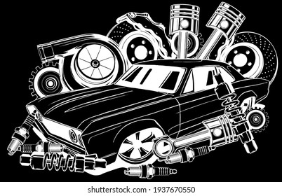 Vector illustration of Car Spares Frame and parts silhouette in black background