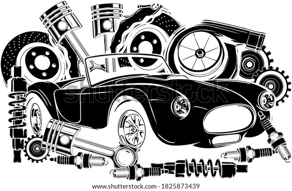 Vector illustration of Car Spares Frame and\
parts black silhouette
