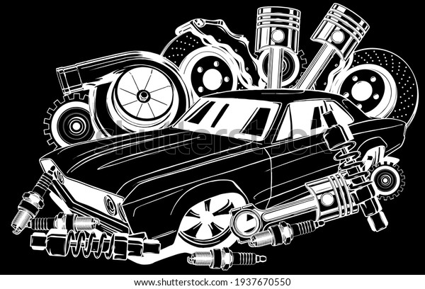 Vector illustration of Car Spares Frame and\
parts silhouette in black\
background