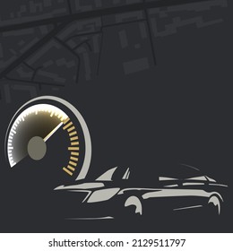 Vector illustration with car speedometer, car and city map. Transfer and taxi concept. Stylish flyer or web banner.