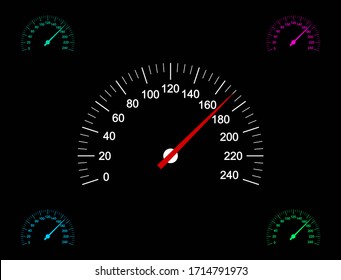 Vector Illustration Of Car Speedometer Icons On Dark Background.