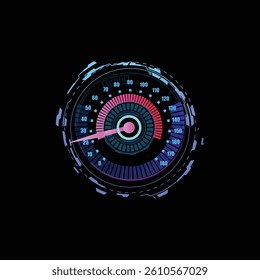 Vector illustration of car speedometer panel in neon blue and pink colors with arrow and dial. Speed measurement. Racing sport game interface. Tachometer indicator. Isolated black background.
