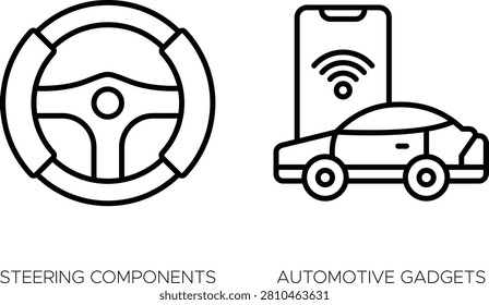 Vector illustration of car steering components and automotive gadgets set