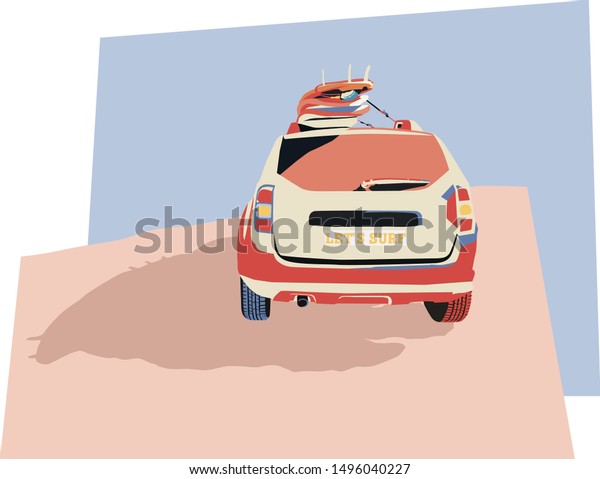 vector illustration\
of car with surf boards
