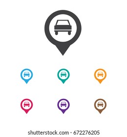 Vector Illustration Of Car Symbol On Location Icon. Premium Quality Isolated Pinpoint Element In Trendy Flat Style.