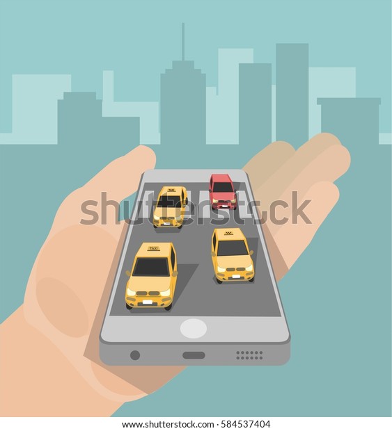 Vector illustration.\
Car taxi leaves from a mobile phone. The concept for the design of\
business cards, mobile applications, advertising, web banner taxi\
service. Isometric, 3D