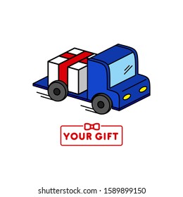 Vector illustration with a car that carries a gift, a gift on wheels. Template for logo, icon, greeting card, print, poster, web and other use.