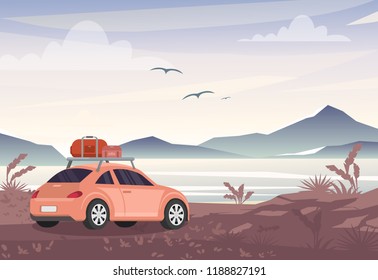 Vector illustration of car with travel bags near lake and mountains. Road trip, vacation concept in flat style.