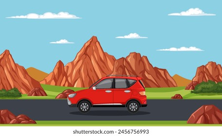 Vector illustration of a car traveling through mountains.