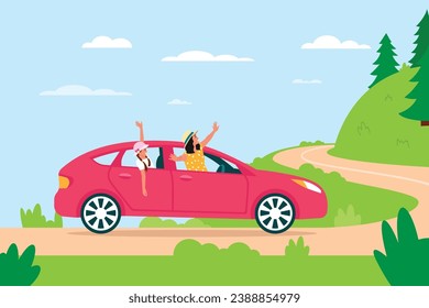 Vector illustration of a car trip. Cartoon scene of happy girls driving a red car on a road with a beautiful landscape: a sky with clouds, a crooked road with a slope, Christmas trees, bushes.